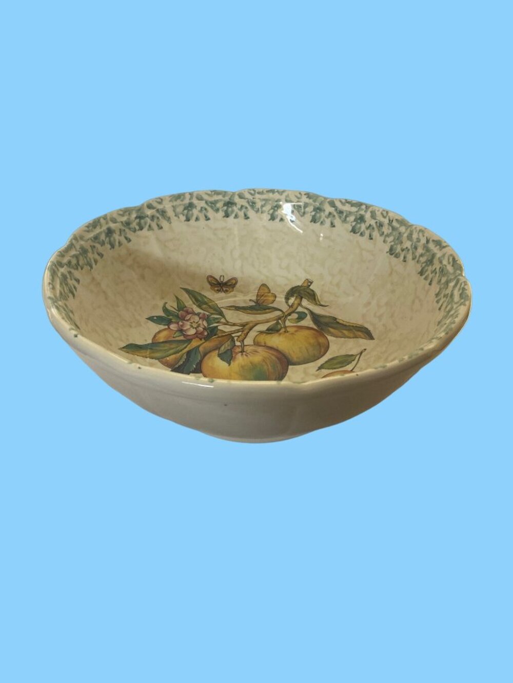 VTG  Italian Salad Serving Bowl Hand-Painted Apples &‎ Butterflies 13" Scalloped